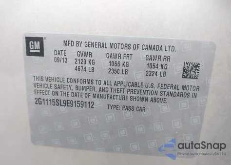 2014 Chevrolet Impala 1Lt from USA, damaged, VIN 2G1115SL9E9159112